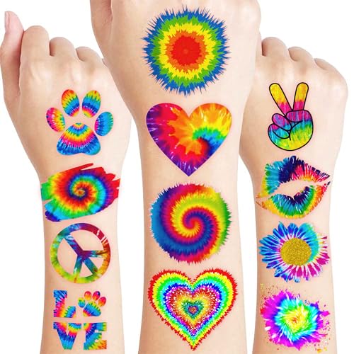 96 PCS Tie dye 90s Pre-Cut Temporary Tattoos for Kids Birthday Themed Party