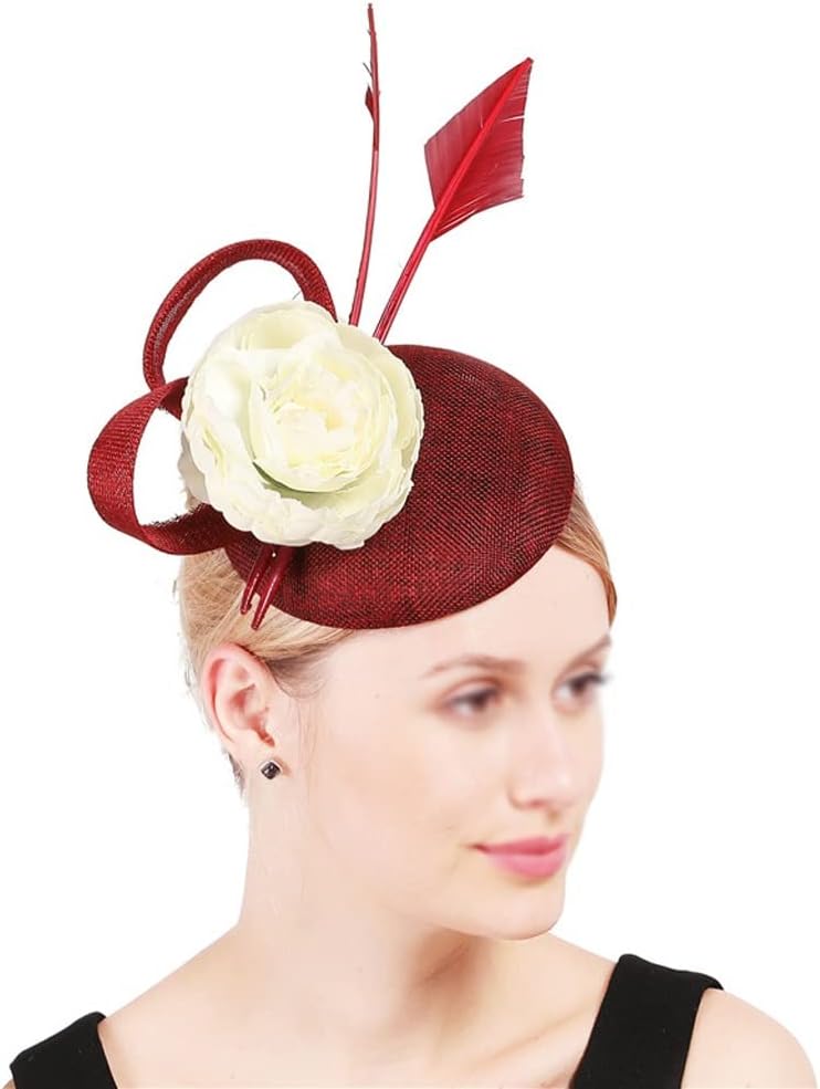 Wedding Women Elegant Hats Chapeau Vintage Party Tea Headwear Hair Clips Ivory Ffloral Hair Party Accessories(Burgundy)