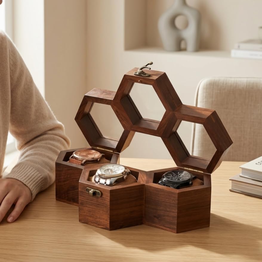 Image of Honeycomb Design Wooden Watch Box, 3 Compartment Handmade Organizer Case, Golden Brown Velvet Lined Gift For Men & Women, Dustproof Storage Box & Durable