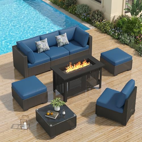 YODOLLA 6 Seater Outdoor PE Rattan Garden Furniture Set with Fire Pit Table, Patio Conversation Sofa Set with Thick Cushions & Side Table, Black Rattan with Dark Blue Cushions - Image 2