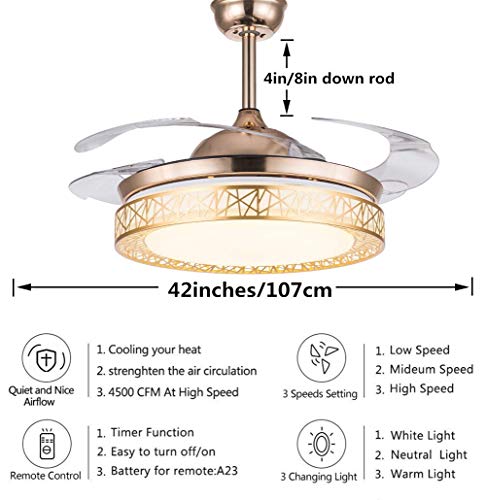 Fandian 42Inch Ceiling Fans Retractable Blades Led Ceiling Fan Three Color Change Luxury Chandelier With Remote Control (Gold) #TOP2