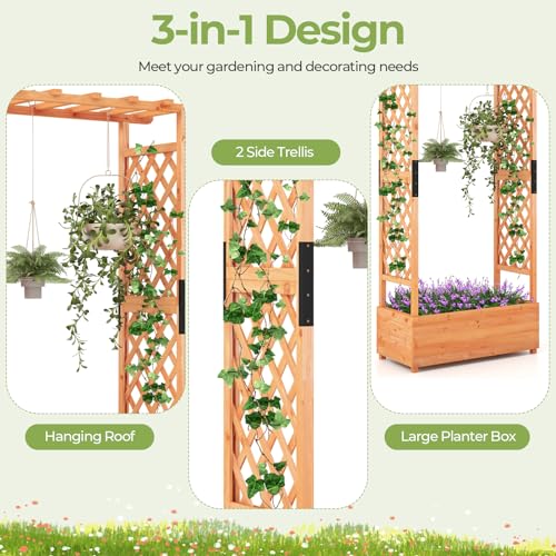 HAPPYGRILL-72-Raised-Garden-Bed-with-Trellis-2-Pack-Freestanding-Wood-Planter-Box-wHanging-Roof-2-Drainage-Holes-for-Vine-Climbing-Plants-Flowers-Outdoor-Planter-wTrellis-for-Garden-Patio HAPPYGRILL 72 Raised Garden Bed with Trellis 2 Pack Freestanding Wood Planter Box wHanging Roof 2 Drainage Holes for Vine Climbing Plants Flowers Outdoor Planter wTrellis for Garden Patio
