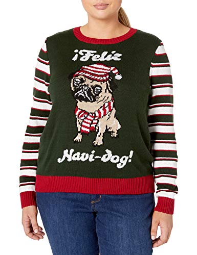 Ugly Christmas Sweater Company Junior's Assorted Xmas Sweaters-Womans Plus Size, Evergreen Feliz Navi-dog Pug, 1X