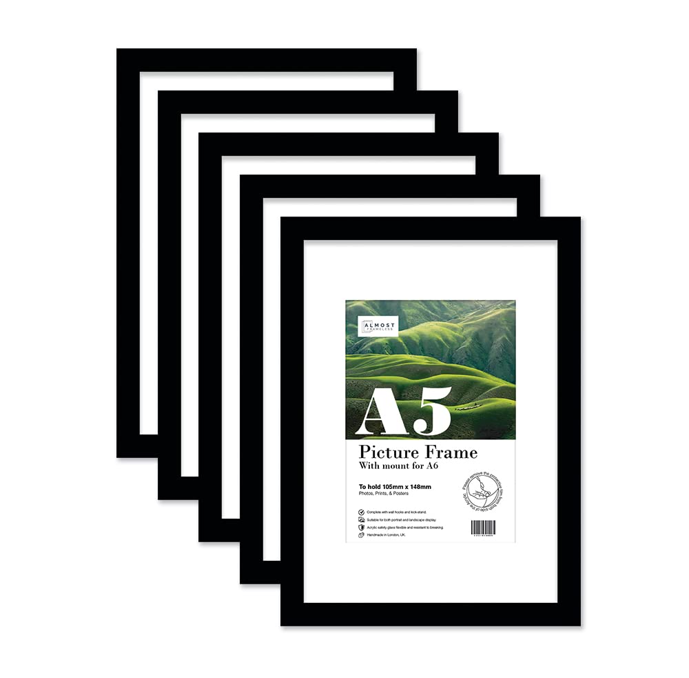 Almost Frameless A5 Black Picture Frame Set of 5, Display A6 Pictures with Mount or A5 Without Mount Gallery Wall, Poster, Photo, Artwork, or Print, Black — image 1