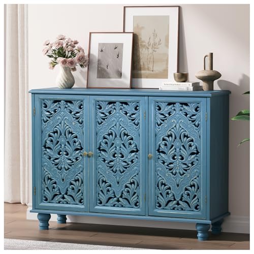 JOINICE Accent Cabinet with 3 Carved Doors, Distressed Blue Sideboard Buffet with Storage & Solid Wood Legs, 43' Vintage Console Table for Living Room, Entryway, Coffee Bar, Hallway
