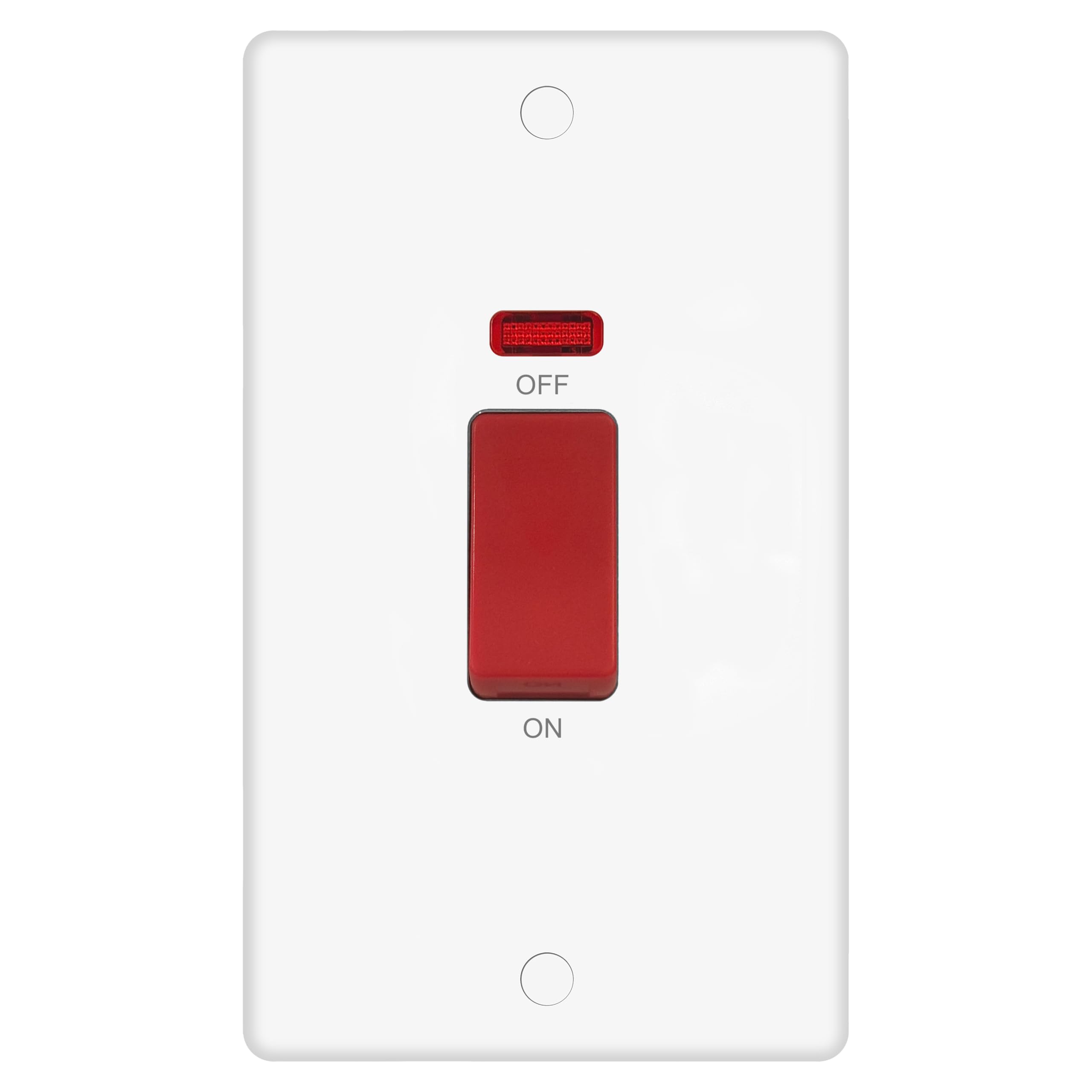 EVOGES Vector 45A Double Pole Switch with Neon – White Gloss Double Plate, Red Rocker Cooker/Shower/High-Load Appliance Isolator, Includes Fixing Screws & Screw Caps, UK Standard Wall Mount