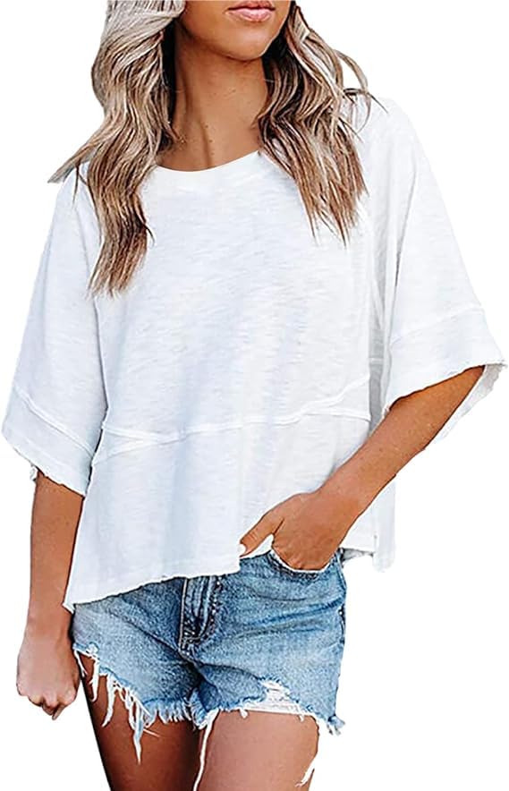 Womens Fashion T-Shirt Crewneck 3/4 Sleeves Solid Color Loose Basic Tops Summer Casual Tees Blouses