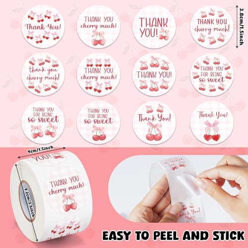Image of Thank You Sticker Roll - 1000 Pcs Coquette Pink Bow Cherry Waterproof Vinyl Reusable Laptop Sticker DIY Book Scrapbook Water Bottle Page Activity Pad Party Favors Skateboard Gift Wrapping