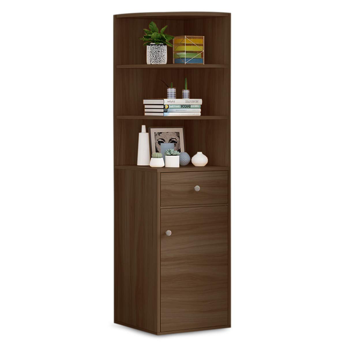 Kawachi Wooden Multipurpose Corner Wall Decor Display Cabinet Bookshelf Rack with Drawer Storage K559-Brown