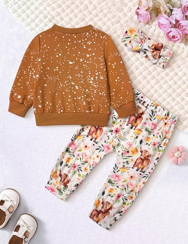 Image of Toddler Girl Clothes Fall Winter Outfits Wild Hair Don't Care Highland Cow Sweatshirt Pants Western Cowgirl Outfit