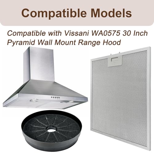 Image of 2 Pack WA0575 Aluminum Grease Range Hood Filters with 2 Pack CACF003 Charcoal Filters Replacement for Vissani 30-inch Pyramid or WA0575 Wall Mount Range Hood