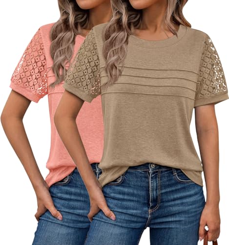 2PCS Womens Tops Summer Loose Casual Crewneck Lace Sleeve T Shirts Fashion Beach Vacation Clothes Cute Blouse 2025