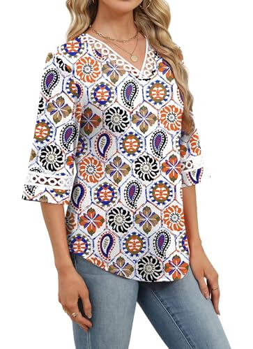 Image of WIHOLL Womens Tops Eyelet Lace V Neck 3 /4 Bell Sleeve Blouses Dressy Casual Work Shirt 2026 Summer Fall Fashion Clothing