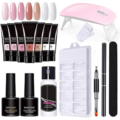 Poly Gel Nail Kit with Lamp, 7 Colours Quick Nail Extension Enhancement Builder Gel Easy Poly Gel Kit for Beginners DIY French Ombre Nails Art, with Slip Solution, Forms Cover