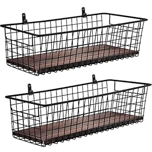 Sheechung 2 set extra large portable metal farmhouse wall decor storage organizer basket bin with handles floating shelves for hanging in bathroomkitchenoffice wall mount hooks 2 black  urban country home decor