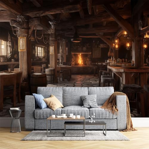 Papier peint panoramique médiéval pour créer une ambiance de taverne rétro chaleureuse au salon