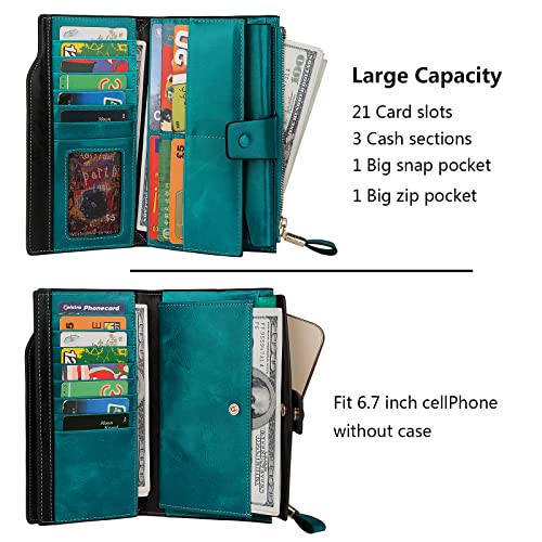 Wallet Women Genuine Leather RFID Blocking Large Ladies Purse Card Holder Organizer Clutch, Leather 1 Blue Green, One Size3