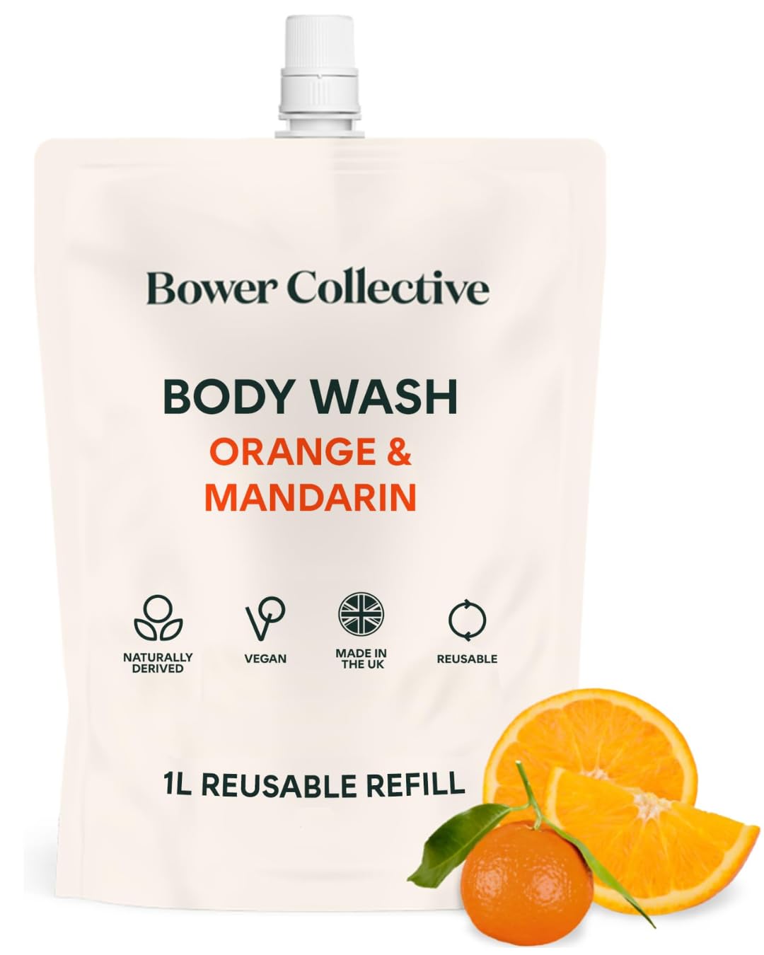 Orange & Mandarin Natural Body Wash Refill Pouch 1 Litre, Shower Gel with Essential Oils, Moisturising Body Wash, Zero Plastic Waste