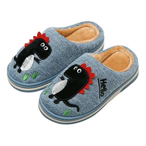 INMINPIN Kinder Winter Baumwolle Pantoffeln Wärme Weiche Plüsch Hausschuhe Kuschelige Slipper mit Cartoon Dinosaurier für Mädchen Jungen,Blau,30/31 EU = Etikettengröße 32/33
