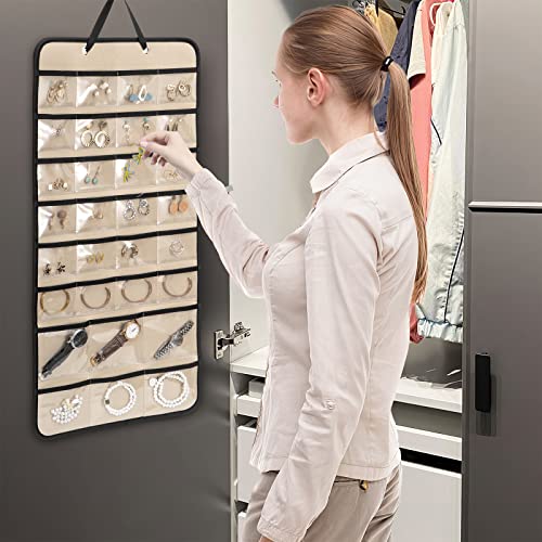 Lolalet Hanging Jewelry Organizer Necklace Organizer, Double Side Large Jewelry Holder Necklace Hanger With Pockets And Metal Hooks For Earrings, Bracelets, Watches On Closet Wall Door -1 Pack, Black #TOP3