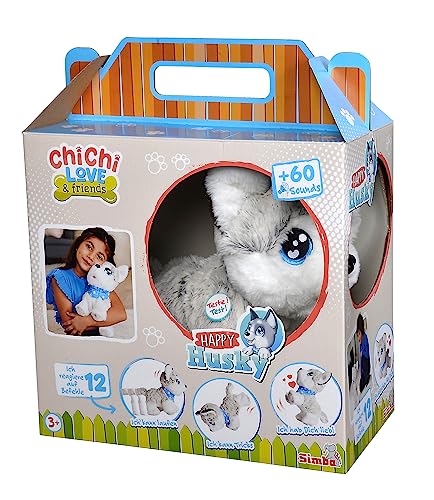 Simba 105890050 - Chichi Love Happy Husky (30 cm) - interaktiver Spielzeug-Hund für Kinder ab 3 Jahre, süßes Kuscheltier mit Deutscher Sprachsteuerung (12 Funktionen) & Sound inkl. Batterien