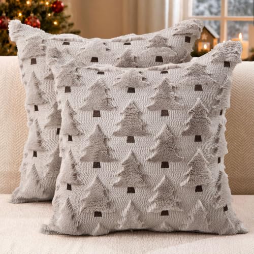 Image of Allorry Christmas Pillow Covers 16x16 inch Set of 2 Grey Christmas Decorations Soft Plush Faux Fur Wool Christmas Tree Throw Pillow Cases Winter Holiday Decor for Sofa Living Room PT002I16