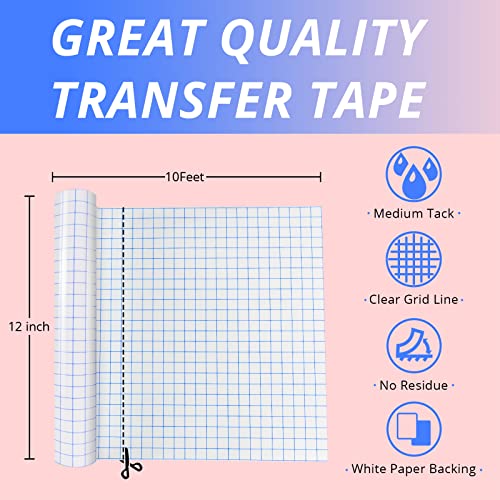 Transfer Tape For Vinyl - 12" X 10 Ft W/Blue Alignment Grid Clear Transfer Paper For Adhesive Vinyl - Medium Tack Vinyl Transfer Tape For Decals Signs Windows Stickers #TOP1