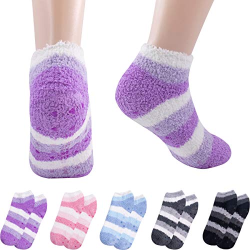 MORESTEP Womens 5 Pairs Warm Fuzzy Non Slip Hospital Home Ankle Slipper Socks