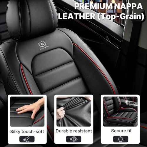 Image of Front Set Car Seat Covers for Jeep Compass 2007-2026, Waterproof Stain-Resistant Seat Cover, Premium Nappa Leather Seat Protectors with Storage Pockets(Luxury 2 Seats /Black&Red)