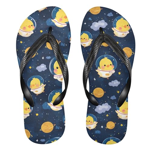ALAZA Cute Astronaut Yellow Chicken Flip Flops for Women Fashion Beach Slippers Comfort Mens Flip Flops Non-Slip Rubber Shower Slippers Sandal for Hotel Travel Sport,XS