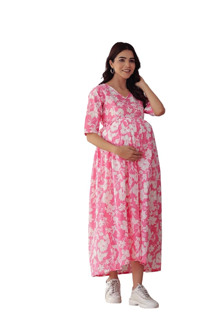 Pink Floral Print Maternity fit & Flare Maxi Dress-image-32