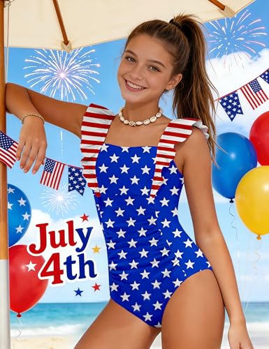 Image of NECIOUS Girls Swimsuit Ruffle Adjustable Straps One Piece Bathing Suit Solid Color Ruched Girls' Swimwear 9-16Y