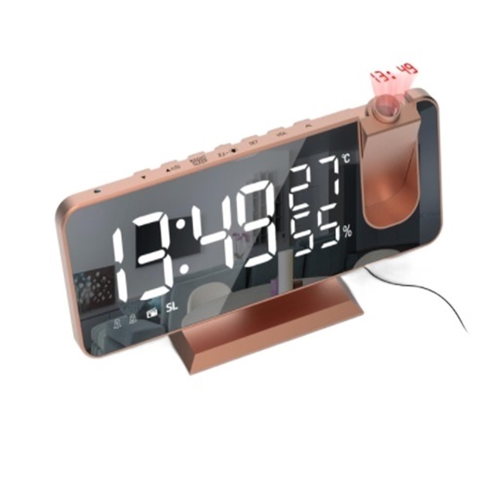 KOESRXNQW FM Radio LED Digital Smart Alarm Clock Watch Table Electronic Desktop Clocks USB Wake Up With 180° Time Projection Snooze Clear Projection(Rosegold A)