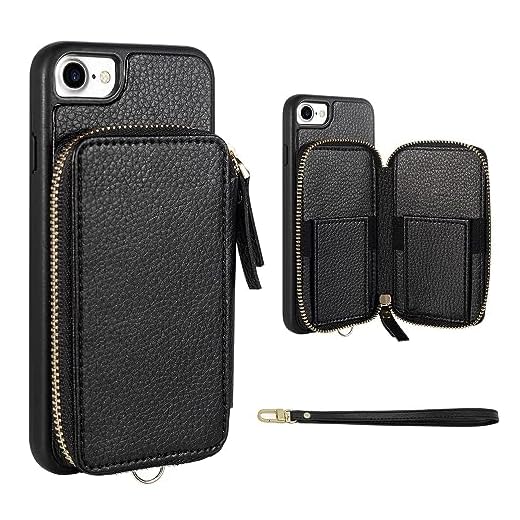 ZVE Case for Apple iPhone 8 and iPhone 7, 4.7 inch, Leather Wallet Case with Credit Card Holder Slot Zipper Wallet Pocket Purse Handbag Wrist Strap Protective Cover for Apple iPhone 8/7 - Black