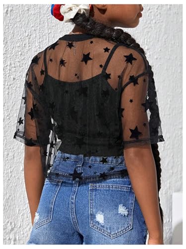 Girl's 2 Piece Set Star Graphic Sheer Mesh Shirt Crew Neck Short Sleeve Crop Top with Camisole2