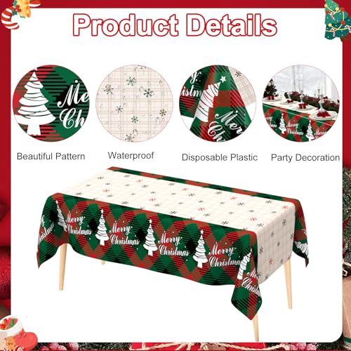 Image of Christmas Tablecloth, 6 PCS Christmas Tablecloth Disposable for Rectangle Table, 54 inch x 108 inch Plastic Snowflake Xmas Tree Decorative Table Cloth Tables Cover for Xmas Holiday Party Decorations Supplies