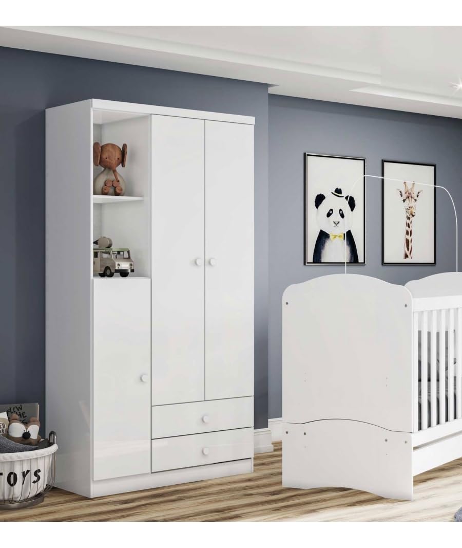 Armadio Bambini A 3 Ante Vicawu - Bianco, 91x180 Cm, Con Cassetti E Ripiani - Foto 11