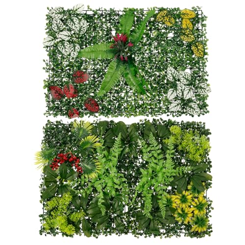 KEGAJEGA 2 paneles de pared para plantas artificiales, 60 x 40 cm, panel de pared de hierba verde artificial con flores, decoración realista para vallas, paredes, balcones, jardines, terrazas, bodas