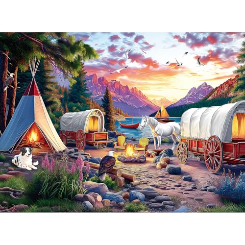 ZSYCZAO 500 Pieces Puzzle for Adults, Puzzles for Adults 500 Pieces, Mountain Lake Horse Camping Jigsaw Puzzle, Home Decor Birthday Party Gift Toy for Kids, Finished Size is 20.5 X 15 in