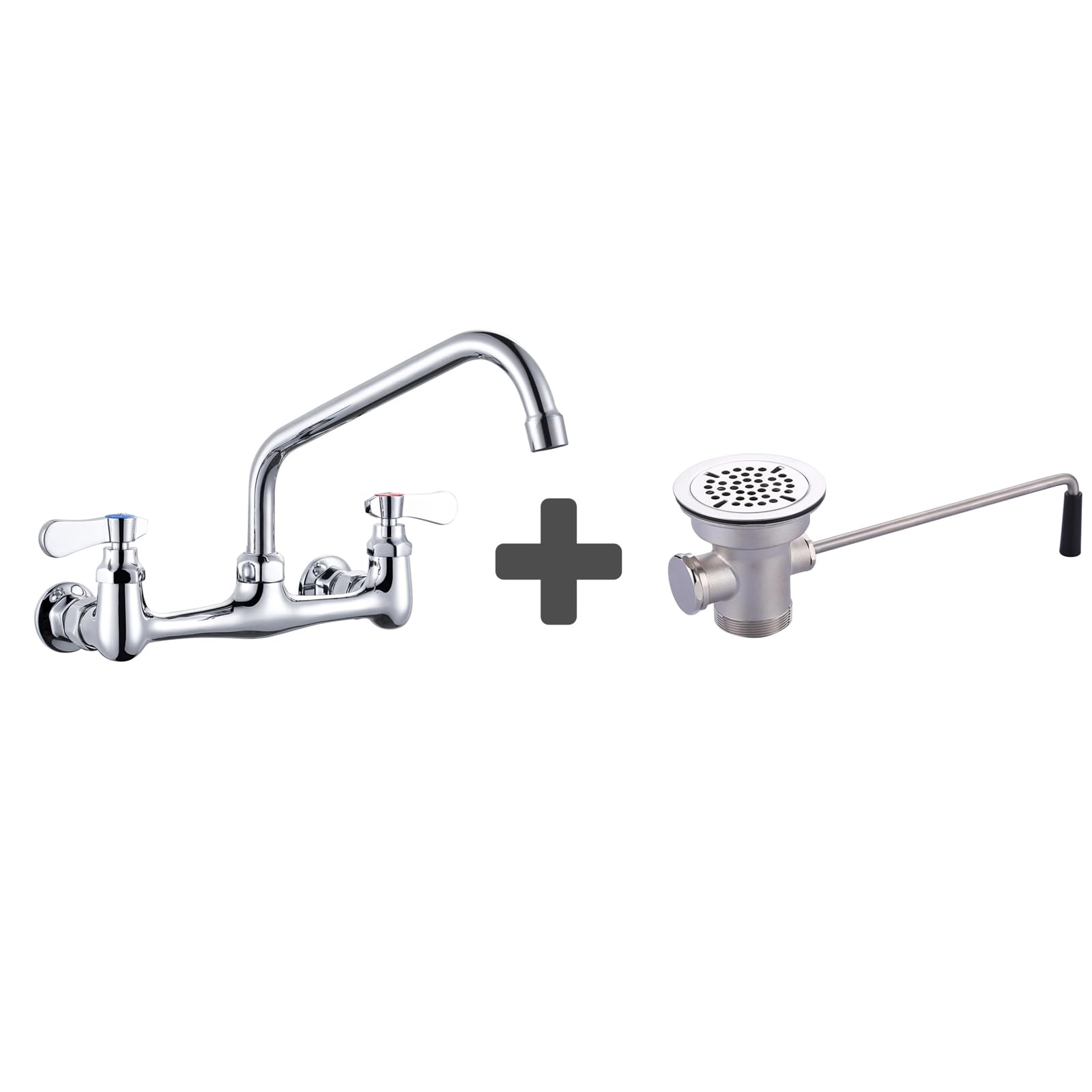 Sxithgkdw Commercial Sink Faucet With 10” Swivel Spout, 8" Center Wall Mount Kitchen Faucet & Commercial Sink Drain: 3-1/2" Sink Opening Waste Drain Valve - Brass Kitchen Sink Drain With Twist Handl