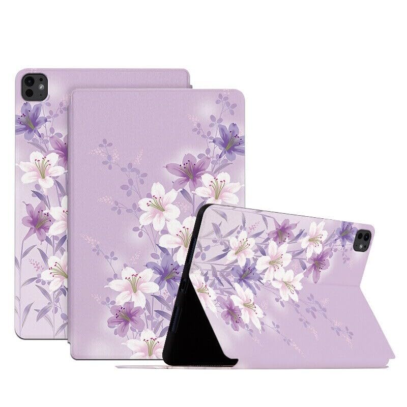 Coque iPad Pro 13 M4 2024 luxe en cuir fleur violette avec rabat de protection rigide
