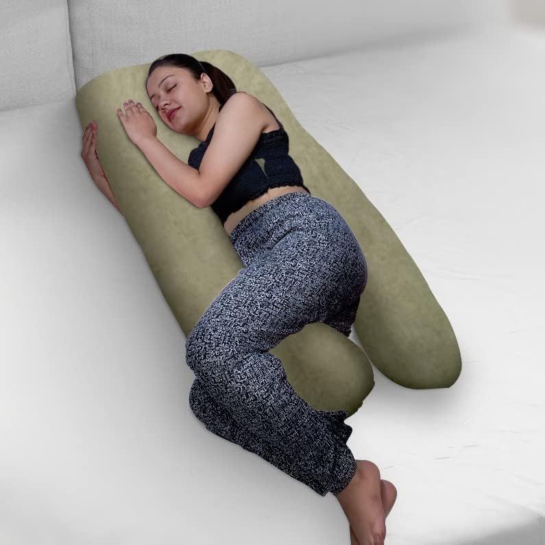 Image of U-Shaped Sleeping Pregnancy Pillow| Removable Cotton Covers| PregnoCare Fibres| Maternity, Nursing| Full Body Soft-Support Bump, Head, Back, Shoulder, Hips, Legs and Belly (Green)