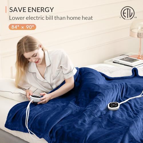 Image of HOMLYNS LuxeHeat Heated Blanket Electric Blanket Queen Size, Soft Flannel Sherpa Heating Blanket with 10 Heat Settings, 1-10 hrs Timer Auto Shut Off (84x90 inches, Navy), Only for 120V Voltage Use