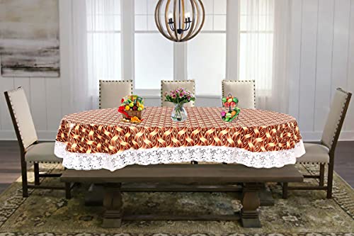 Image of The Furnishing Tree Waterproof PVC Oval Shaped 10 Seater Table Cover WxL 60x120 inches Interlocked Ropes Pattern Brown with White Border lace