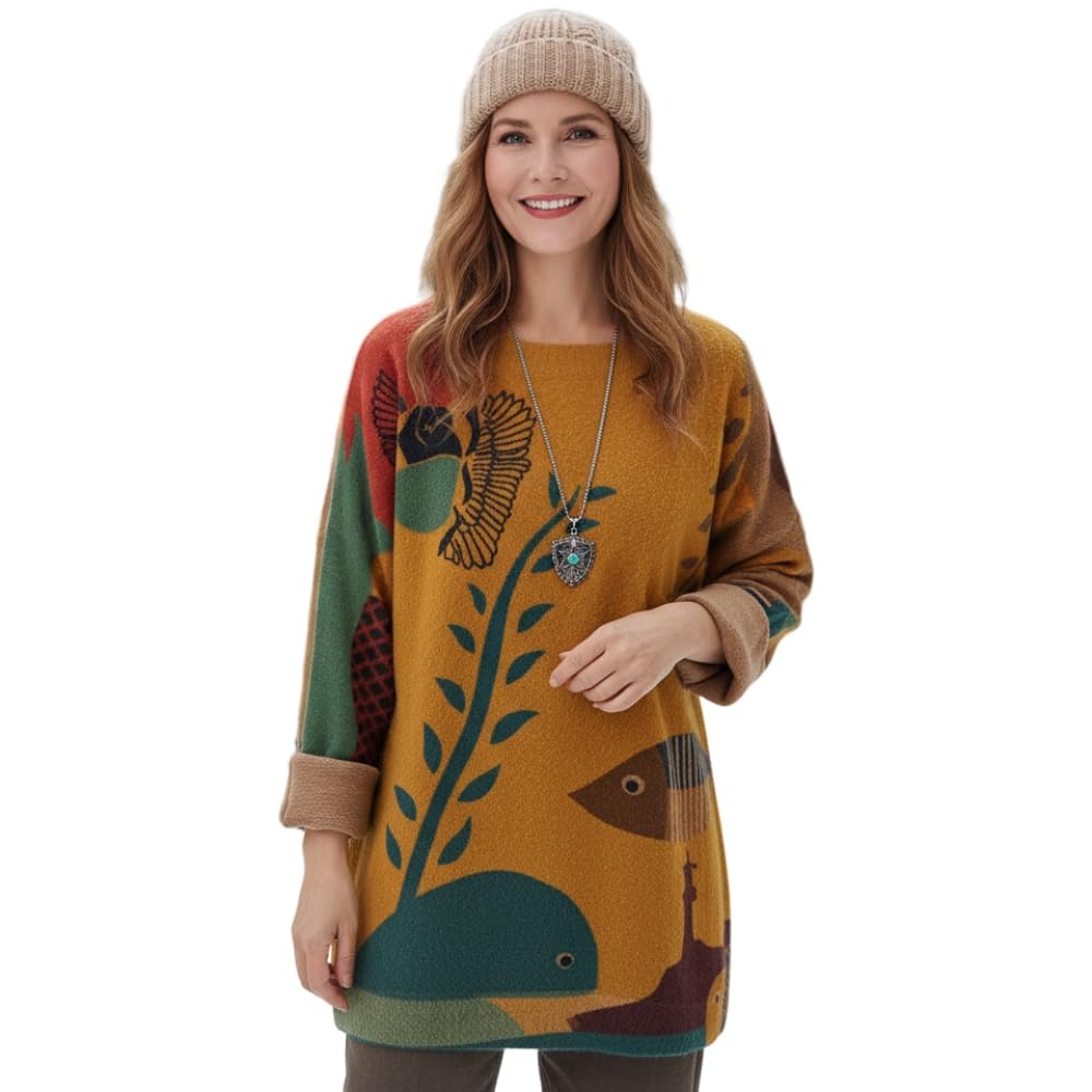 Womens Fall Winter Cute Floral Print Crew Neck Pullovers Sweater Casual Warmth Long Sleeve Oversized Tops Sweater