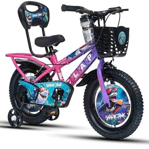 Image of Shark Tank 14T Kids Bicycle for Boys & Girls with Inbuilt Carrier, Front Basket, PU Soft Seat, Full Chain Cover & Stylish Wheelcards (Purple /Pink)