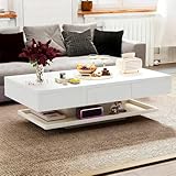 Oyajia Couchtisch, Modern Sofatisch Wohnzimmertisch mit 2 Schublade, Wohnzimmertisch Hochglanz Modern, Beistelltisch Weiss mit Offenem Ausstellungsregal Weiß, 100 * 60 * 35cm(LED Nicht enthalten)