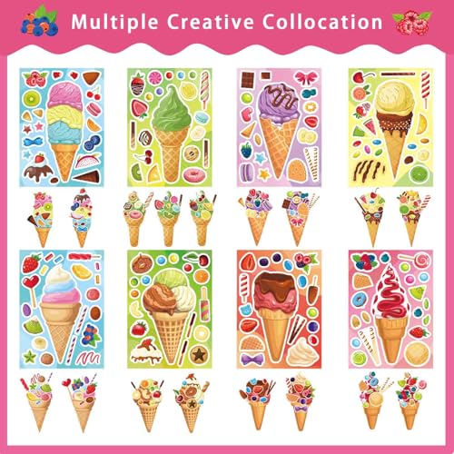 Image of Ice Cream Stickers, Make Your Own Sticker, Make a Face Stickers | 24 Sheets Summer Sticker for Kids Toddlers, Ice Cream Party Favor Supplies Craft