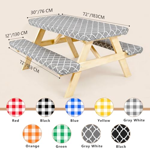 CHRORINE 3 Piece Set Fitted Picnic Table Cover Set with Bench Covers Water-Resistant Polyester Flannel Backing Picnic Table Cloth for 6ft Outdoor Camping Tables Fits 30x72 Inch (Gray Morocco) by CHRORINE - Image 2