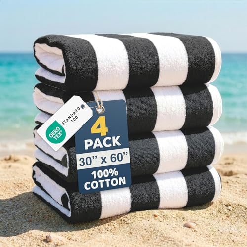 LANE LINEN Beach Towels 4 Pack - 520 GSM (30 x 60) 100% Cotton Pool Towel for Adults - Thick & Highly Absorbent Extra Large Beach Towel - Super Soft & Quick Dry Cabana Stripe Pool Towel Set - Grey